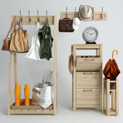 现代原木衣帽架 鞋柜 雨伞 雨靴