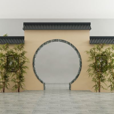 中式围墙 竹子 木栏杆