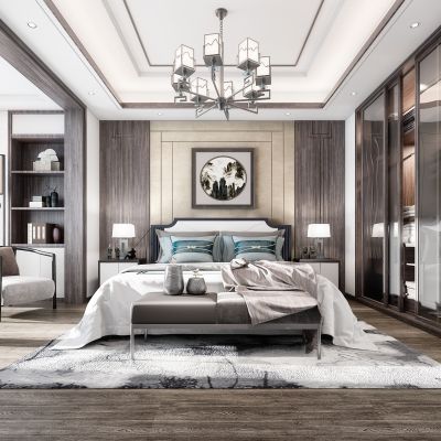 新中式卧室 主卧 床具 背景墙 衣柜 休闲椅