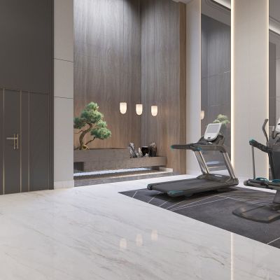 现代公司大堂健身区，双开门，端景台，景观区，跑步机