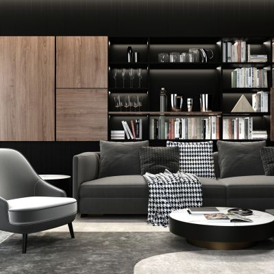 现代高级灰沙发椅子茶几组合