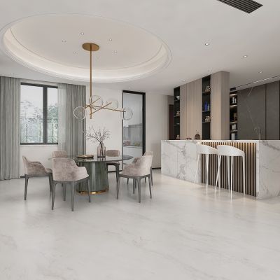 现代家居餐厅，餐厅厨房，吧台，圆餐桌，酒柜，储物柜，厨房岛台