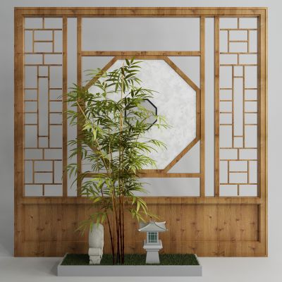 新中式屏风 景观 竹子 石鼓