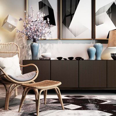 现代边柜 单椅 陈设 台灯