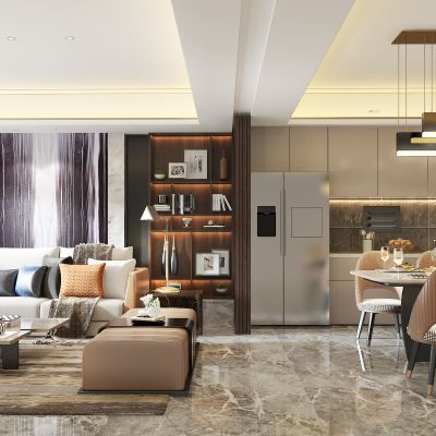 现代轻奢客餐厅 沙发 椅子餐桌 茶几 角几 柜子 背景墙 台灯 吊灯