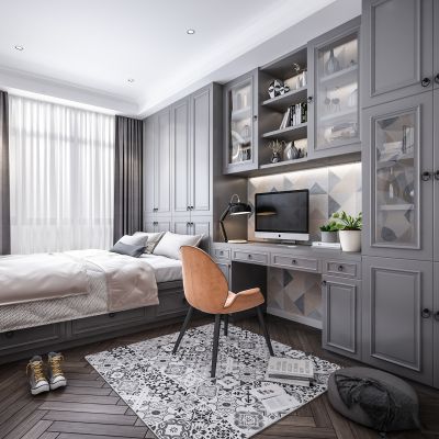 现代榻榻米 书房 卧室 书桌 单椅 书柜 衣柜