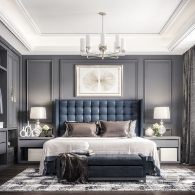 新中式卧室 现代床 吊灯 床头柜 衣帽间 衣服 毛地毯