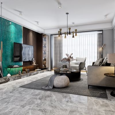 现代轻奢客餐厅 轻奢沙发组合 餐桌椅 玄关鞋柜 墙饰