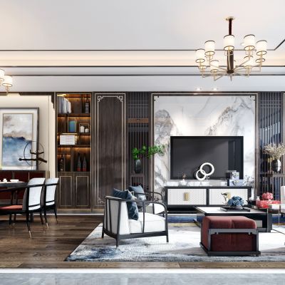 新中式客餐厅 新中式餐桌椅组合 新中式背景墙 新中式沙发茶几组合