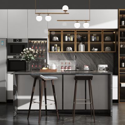 现代吧台 吧椅 橱柜 酒柜 冰箱