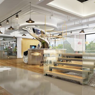 现代办公室 滑梯玻璃楼梯 吧台 竹子