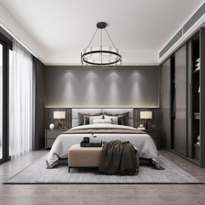 现代轻奢黑白灰卧室 吊灯 衣柜