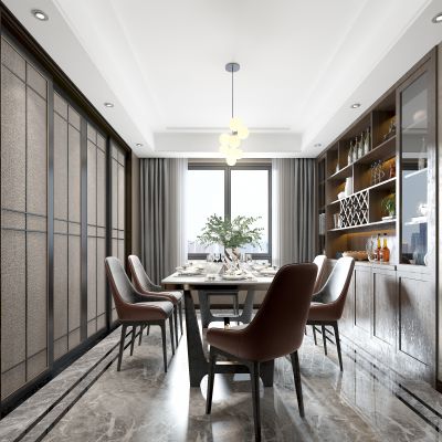 现代轻奢餐厅 餐桌 椅子 柜子 吊灯 餐具