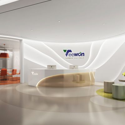 现代科技感办公前厅 接待台 卡座 洽谈室 异形背景墙