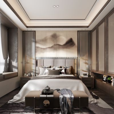 新中式卧室 床 床头柜 床尾榻 柜子 吊灯 背景墙