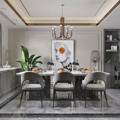 现代轻奢餐厅 餐桌椅 吊灯 装饰画 绿植 钢琴 壁灯