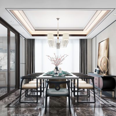 新中式餐厅 餐桌 餐具 椅子边柜 吊灯 装饰品