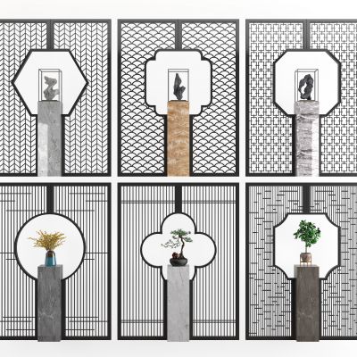 新中式隔断屏风花格摆件盆栽