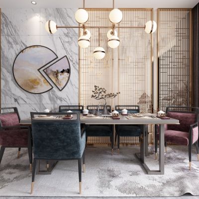 新中式餐厅 吊灯 窗帘