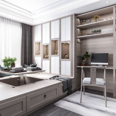 新中式榻榻米茶室 博古架 松树屏风 鸟笼