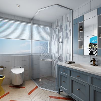 地中海卫生间 淋浴房 浴室柜 坐便器 壁龛 提拉窗 装饰画