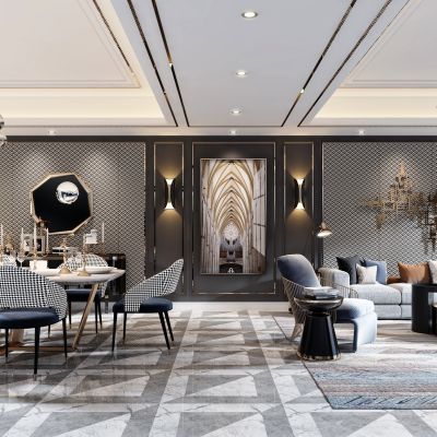 现代轻奢客餐厅 现代沙发茶几组合 现代餐桌椅组合 现代轻奢装饰柜