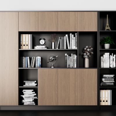 现代书柜 柜子 装饰 书 文件夹 闹钟 植物