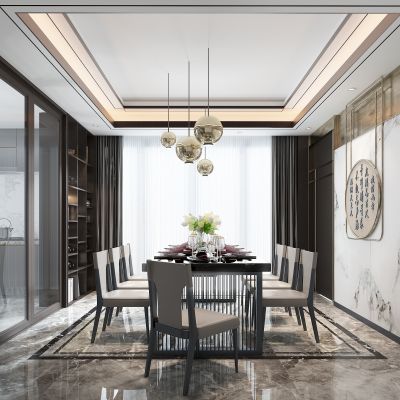 新中式餐厅 餐桌 椅子 餐具 柜子 背景墙 吊灯