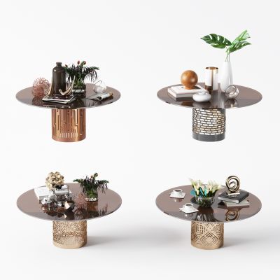 新中式轻奢金属玻璃茶几组合 现代轻奢茶几 摆件 装饰品 绿植 桌子