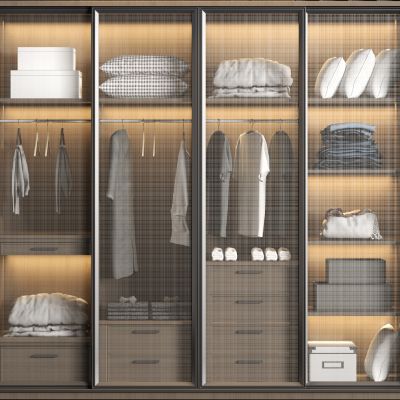 现代实木衣帽间 玻璃衣柜 衣服 饰品