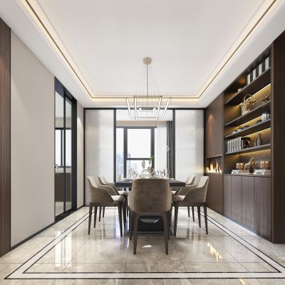 现代餐厅 餐桌 椅子 餐具 柜子 背景墙 吊灯