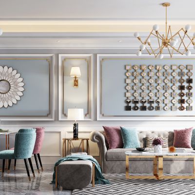 美式轻奢客厅餐厅 沙发茶几组合 餐桌椅 电视柜 墙饰 吊灯 壁灯 休闲椅