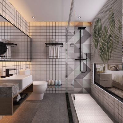 北欧卫生间 台盆 五金 墙砖 百叶帘