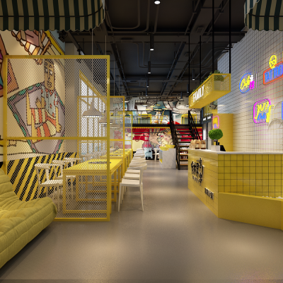 工业风串串店 桌椅 吊灯 装饰品 装饰画 沙发 吧台 楼梯