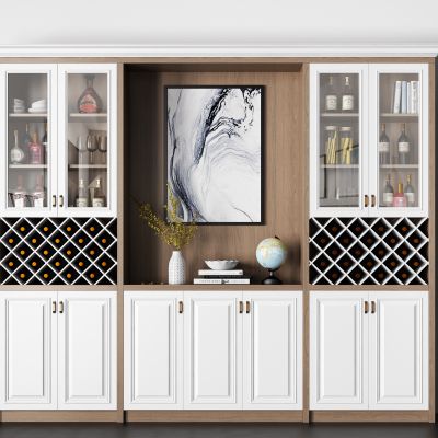 现代实木酒柜 柜子 玻璃 酒杯 酒 装饰 金属 挂画 植物