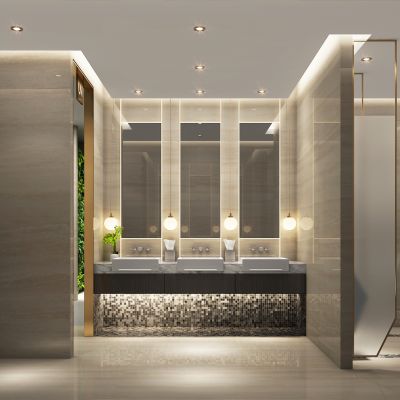 现代工装卫生间 镜前灯 小便池 隔断