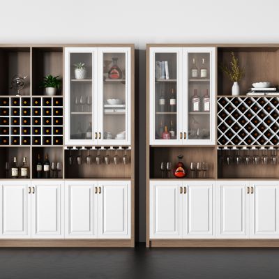 现代实木酒柜组合 酒 酒杯 装饰 植物 书 柜子 柜门 金属 玻璃