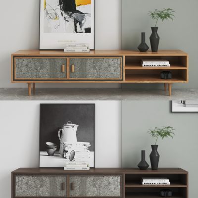 北欧实木电视柜 岩板电视柜 实木电视柜 画 花瓶 文竹 书 现代电视柜