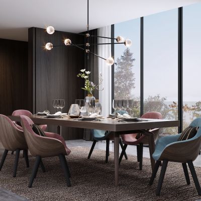 现代餐厅 餐桌椅组合 绿植 吊灯