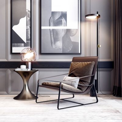 现代单人沙发椅茶几组合 落地灯