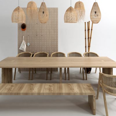 现代竹编长条桌椅