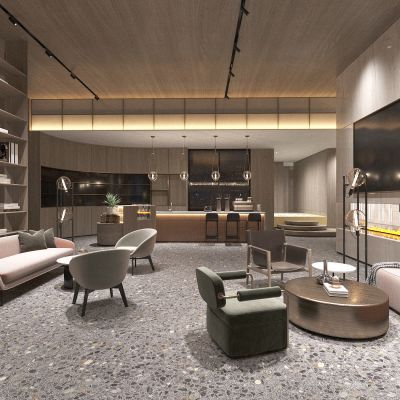 现代娱乐会所接待室，前台，服务台，隔断书架，休息区，休闲休息沙发