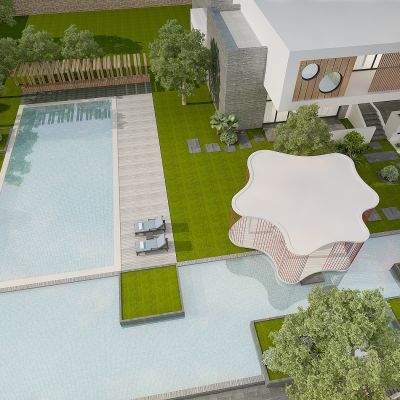 现代别墅庭院景观，绿植，植物堆，花草树木，休闲平台，泳池，躺椅