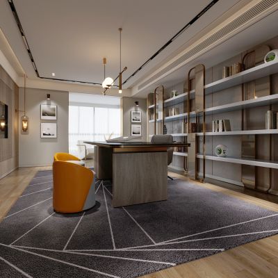 现代总经理，董事长办公室，总裁办公室，领导老板办公室，老板台，书柜，书架