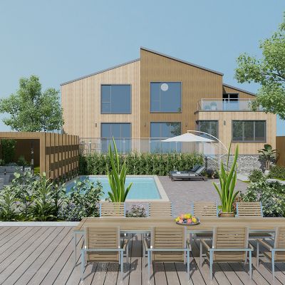 现代别墅庭院景观，绿植，植物堆，花草树木，绿化带，休闲平台，秋千，泳池，遮阳伞，躺椅