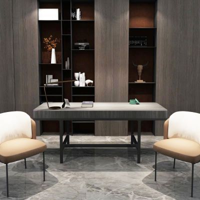 现代书桌椅组合 背景柜  装饰品