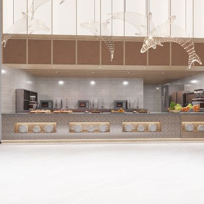 现代食堂厨房，餐厅厨房，备餐台，食物台，后厨，食物水果