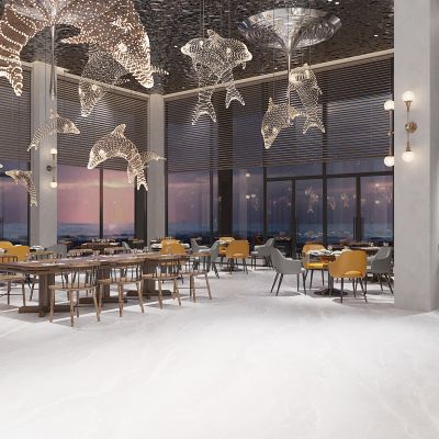 现代食堂，自助餐厅，餐桌椅，绿植盆栽，玻璃大门