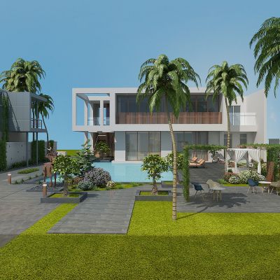 现代别墅庭院景观，绿植，植物堆，植物墙，花草树木，休闲平台，泳池，廊架