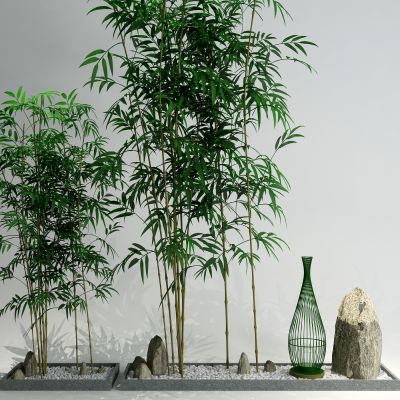 新中式禅意石头 竹子 鹅卵石 鸟笼